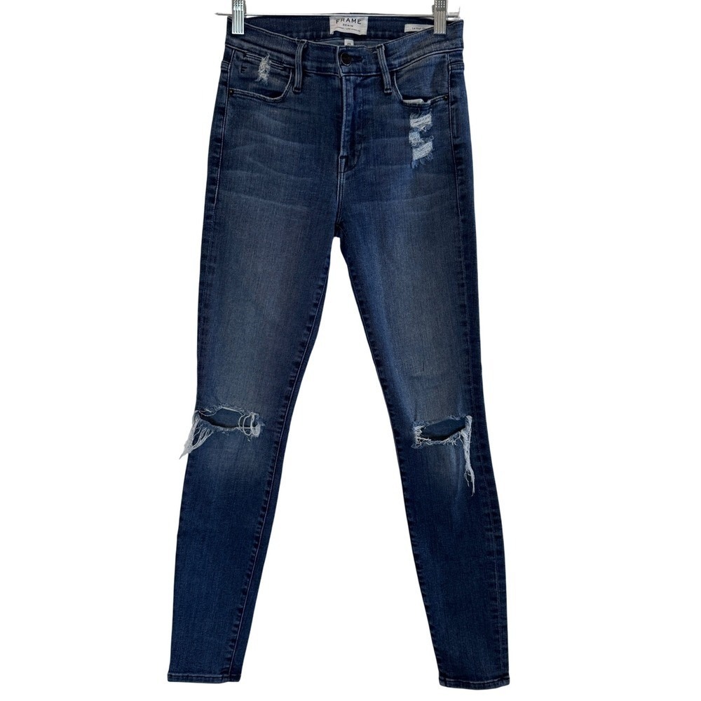 FRAME Denim Le High Skinny Jeans Size 25 Distressed Ripped Dark Wash Grunge Chic
